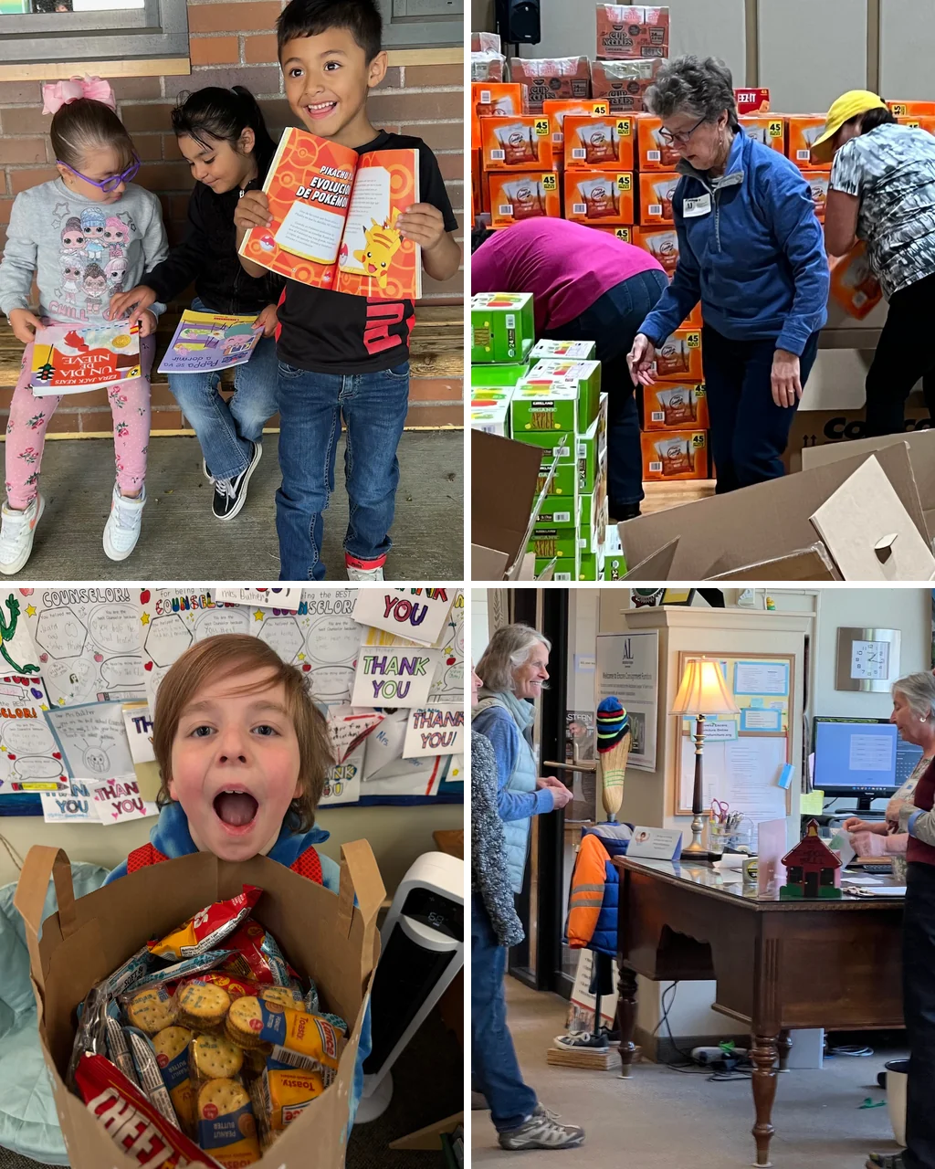 Collage of Assistance League Salem-Keizer programs: children reading, volunteers packing snacks, a student with a snack bag, and shoppers at Encore